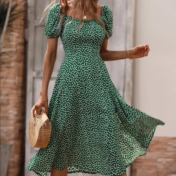 Boho polka dots puff sleeve slit thigh dress - Picture 6 of 16